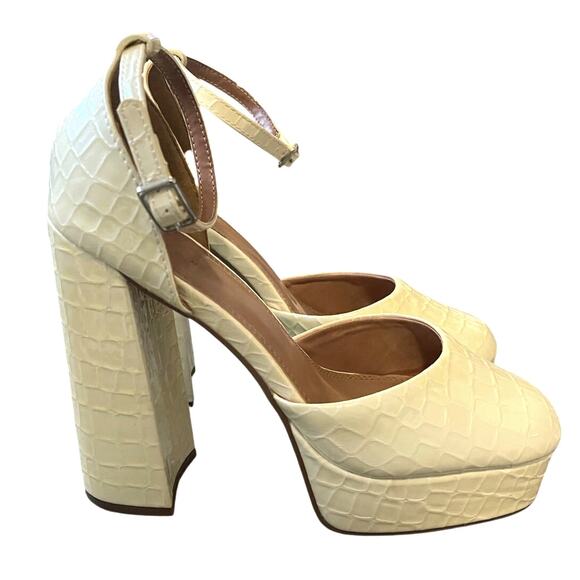 Asos 8 Platform Square Toe Mary Janes Embossed Croc Leather Chunky Heels Cream - Picture 1 of 7